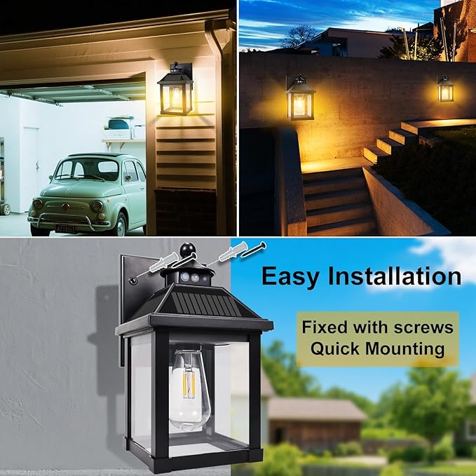 Solar Wall Lights Outdoor: Solar Porch Sconce Light Dusk to Dawn Waterproof Lantern Fixture with 3 Lighting Modes & Motion Sensor - for Front Door Garage Porch Yard Fence