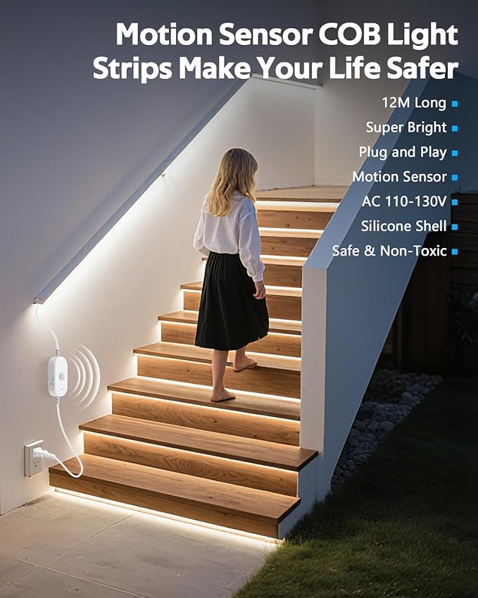 Motion Sensor COB LED Strip Light AC 110V 40FT Cold White 6000K Plug In Waterproof IP68 Adjustable Time-Delay Motion Activated Flexible Led Lights Strip for Under Cabinet Bedroom Courtyard 288LEDs/M