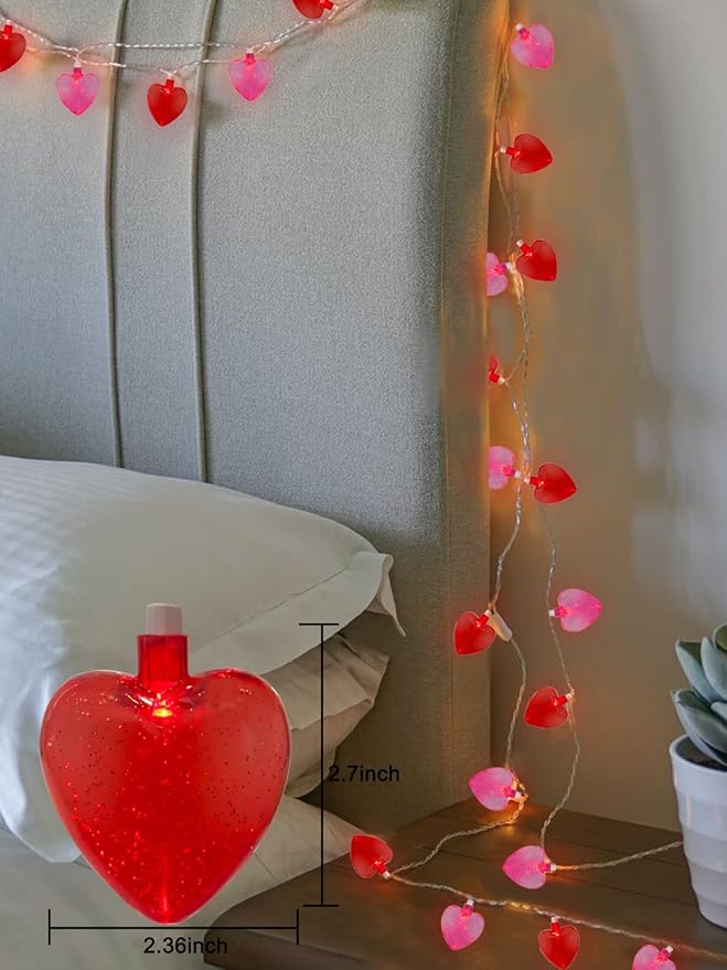 SUNSGNE Heart String Lights, 8.5Ft Valentines Lights with 10 LED Red and Pink Heart Bulbs for Indoor Outdoor Home Room Party Wedding Mother's Day Valentine's Decor