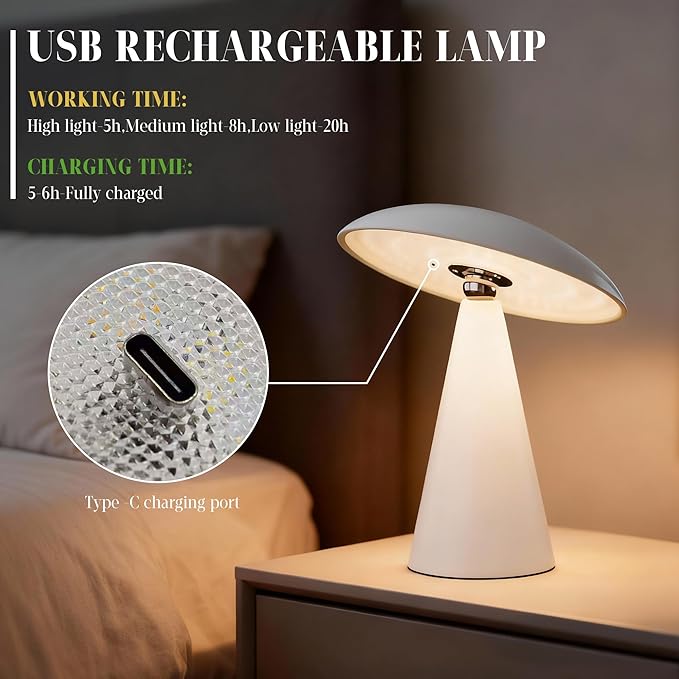 Mushroom Aesthetic Cute Lamp,Magnetic Mid Century Modern Lamp with 3-Mode Lighting for Unique Home Mushroom Decor,Cordless USB Rechargeable Lamps for Bedside/Dorm/Office/Entryway Decor(White)