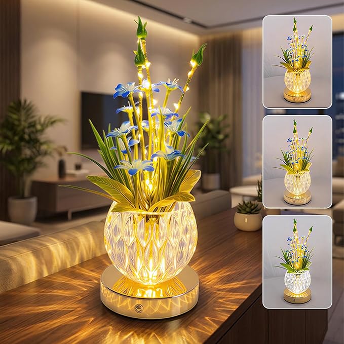 Flower Table Lamp, Mini Lily Table Decor with 3 Colors Dimmable, Artificial Flowers Night Light, Rechargeable Glass Lamp Small Desk Lamp for Party Holiday Home Decoration (Blue - Lily)