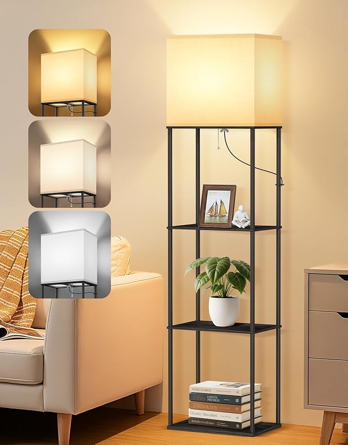 OUTON Floor Lamp with Shelves, Modern Large Size Rectangle Standing Shelf Lamp with 3 Color Temperature Bulb, Storage Display Wood Column Tall Bookshelf Lamp for Living Room, Bedroom Office, Black