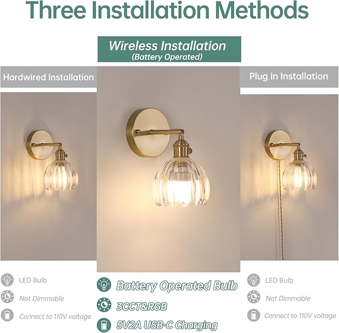 Vintage Battery Operated Wall Sconce with Cute Transparent Tulip Glass Lampshade Wireless Rechargeable Battery Powered Wall Light with Remote Control for Bedside Bedroom Doorway, Set of 2
