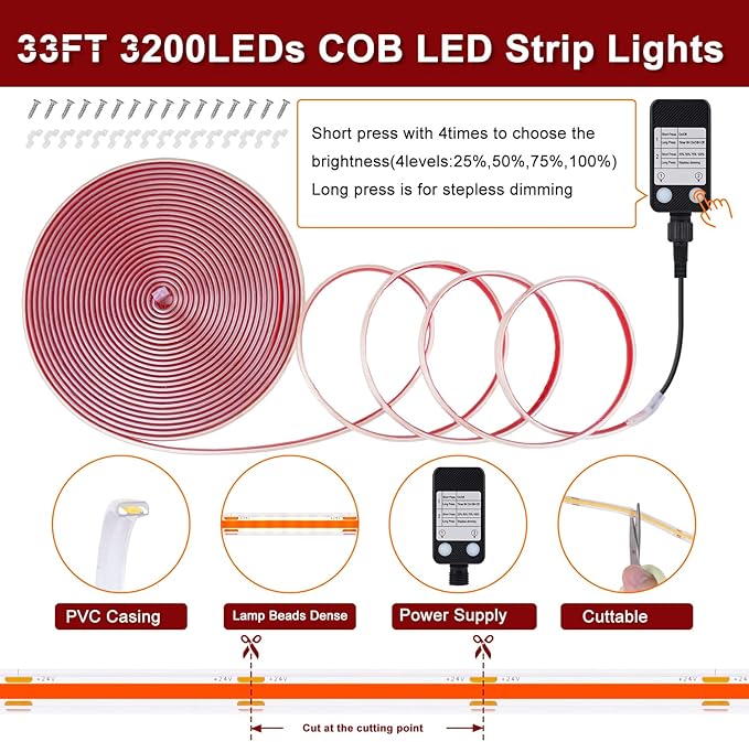 OMIKA Red 33FT COB LED Strip Lights Outdoor Waterproof, 3200 LED Plug in Strip Light PVC Casing Tape Light Flexible with Self-Adhesive Timer Dimmable for House Garden Camping DIY