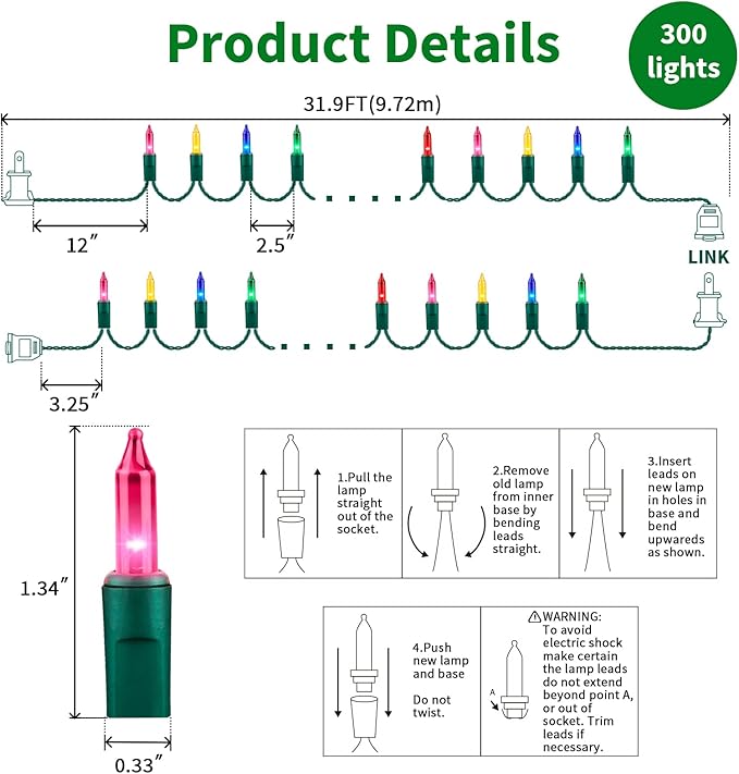 LAMPHOME Easter Decorations Mini String Lights, 300 Lights 63.8Ft (2 Pack of 150L), Multicolor Plug in Connectable Easter Lights for Indoor Outdoor Easter Garland, Tree & Holiday Party Decor
