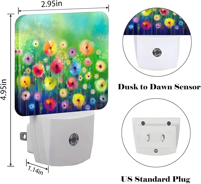 Colorful Countryside Wildflowers Night Light,Plug Into Wall Decor for Stairway,Hallway,Kitchen,Dusk to Dawn Sensor Nightlights for Boys/Girls/Women/Men Room Gifts