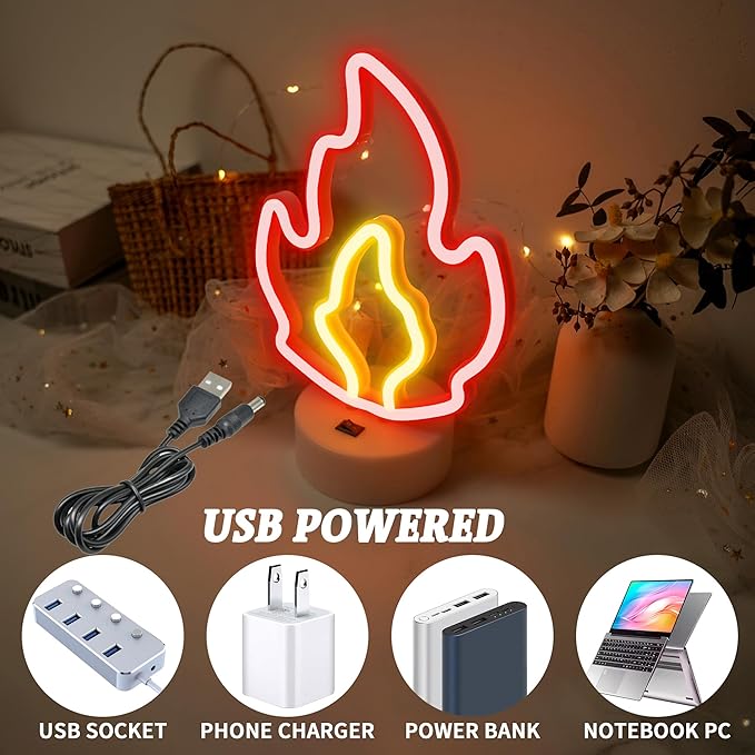 Fire Flame Neon Sign with Base, LED Fire Neon Lights for Room Decor, USB & Battery Powered Table Lamp Flame Led Light Sign for Home, Bedroom, Party, Birthday, Christmas Decor, Kids Gift