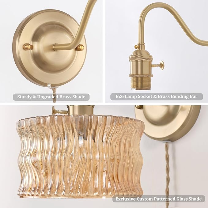 Plug in Wall Sconce Set of 2, Gold Vintage Wall Lights with Amber Ripple Glass Shade, Indoor Brass Corded Wall Lamp Fixture for Bedroom Living Room Bathroom Hallway