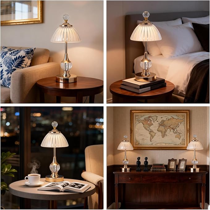 Vintage Gold Crystal Rechargeable Lamp Cordless, LED Touch Battery Operated Table Lamp, 3 Colors Dimmable Portable, Modern Home Decor, Bedroom, Bedside, Living Room, Kitchen, Pumpkin