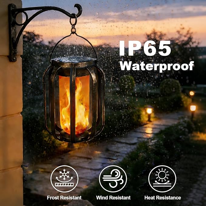 Solar Lanterns Outdoor Lights, 2 Pack Flickering Flame Garden Lights with 2 Modes Dual Charging USB & Solar, Outdoor Waterproof Hanging Lantern for Halloween Party Holiday Decor