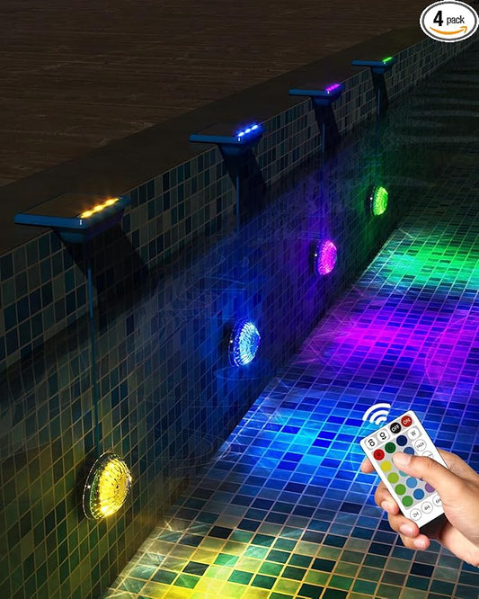 Solar Pool Lights, Solar Powered Submersible LED Lights with Remote IP68 Waterproof Swimming Pool Lighting,16 Colors Underwater Pool Light for Above Ground Inground Pool, Pond (Blue,4Pack)