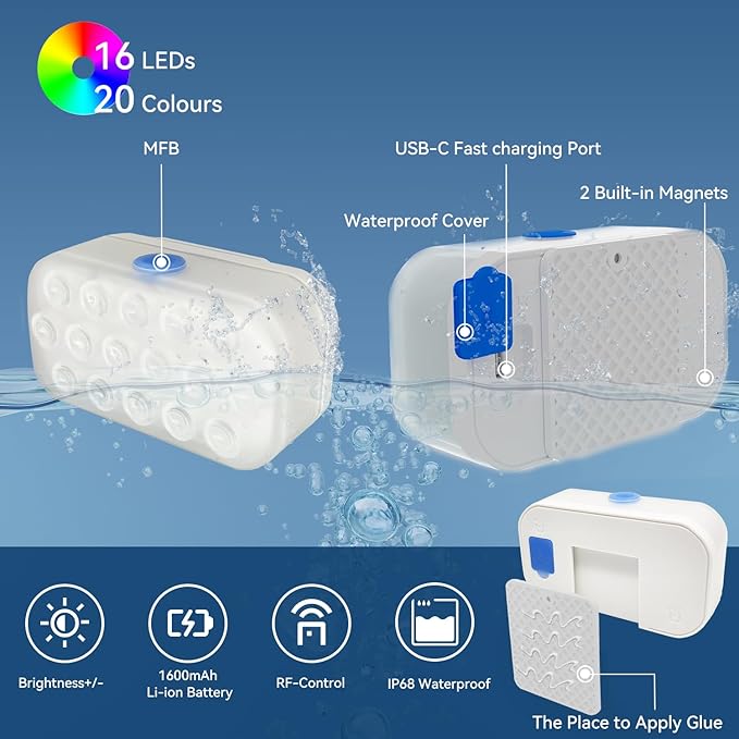 Pool Lights, Upgraded Rechargeable Submersible LED Lights with 16 High-Brightness LEDs, IP68 Waterproof 20 Colors Hot Tub Underwater Pool Light for In-Ground & Above-Ground Pool 1 Pack