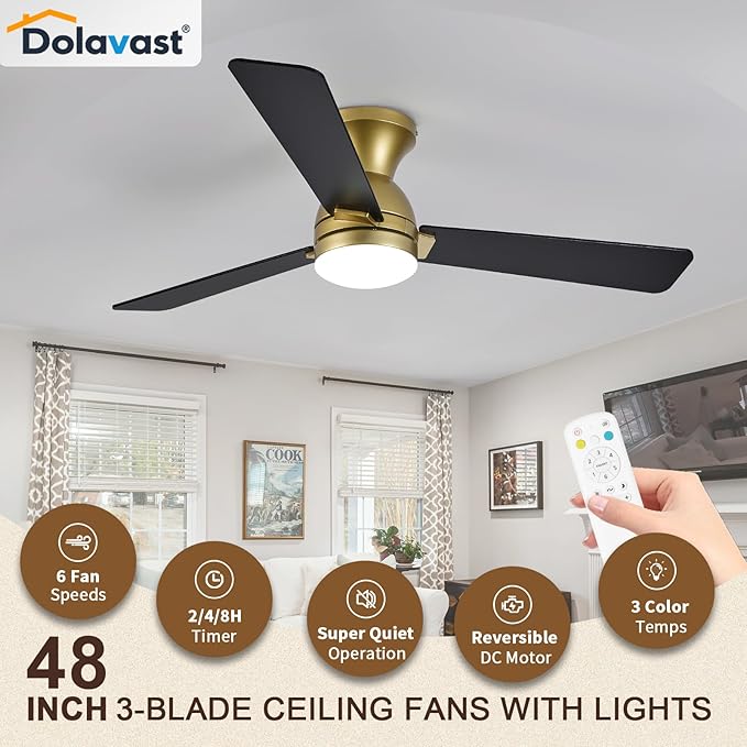 Ceiling Fans with Lights, 48 inch Low Profile Ceiling Fan with Light and Remote Control, Flush Mount, Reversible, 3CCT, Dimmable LED, Noiseless, Gold Ceiling Fan for Bedroom, Dining Room