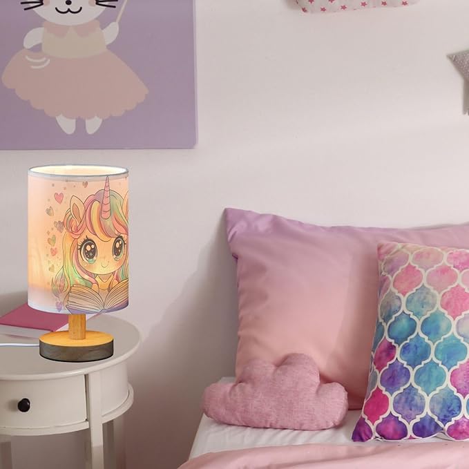 Cute Unicorn with Colorful Heart Reading Books Bedside Table Lamps with USB Port for Bedroom Lamp Table Lamp Small Nightstand Lamp Sturdy Linen Shade Decorative Lamps for Kids Reading Dome Home