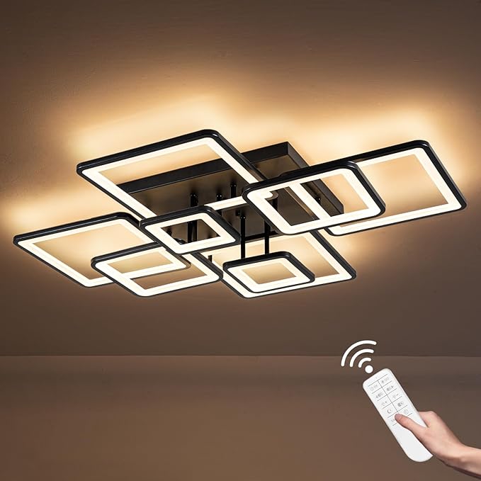 Modern LED Ceiling Light, Dimmable LED Chandelier Black Flush Mount Ceiling Lights, Remote Control Acrylic Ring Ceiling Lamp Fixture for Living Room Dining Room Bedroom, 8H-FANG-BL-04