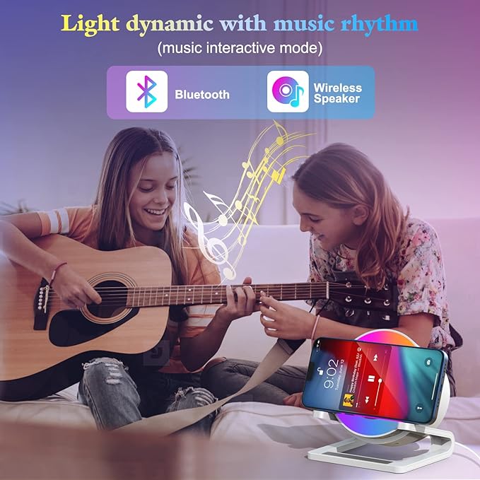 doopo Night Lights Bluetooth Speaker,Wireless Charger 15W with Phone Holder, Touch Control Bedside Lamp Dimmable with Dynamic Colored Music Light, Gifts for Teenage Girls Boys Room Decor