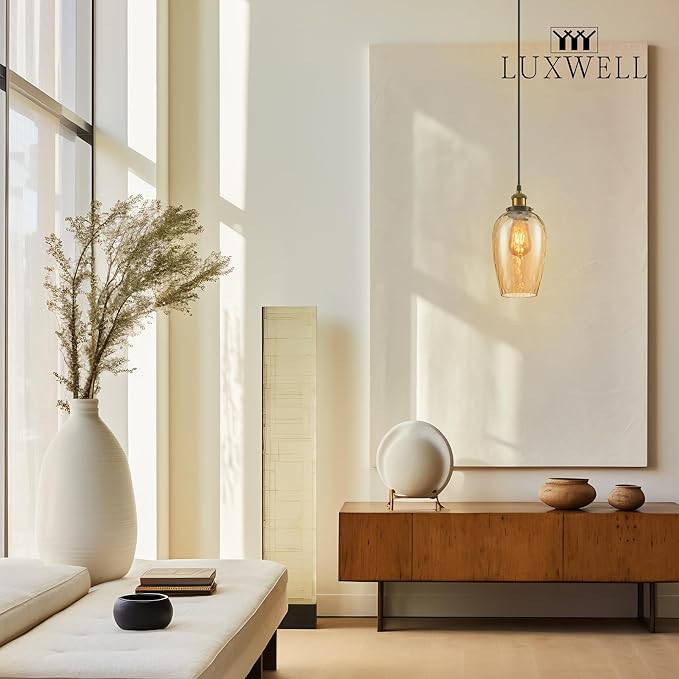 Modern Glass Pendant Light, 6"x9.2" Amber Ribbed Oval Light Fixture with Gold Cap, 15"-72" Adjustable Cord, E26 Socket for Kitchen or Hallway – Sunrise Glow Oval