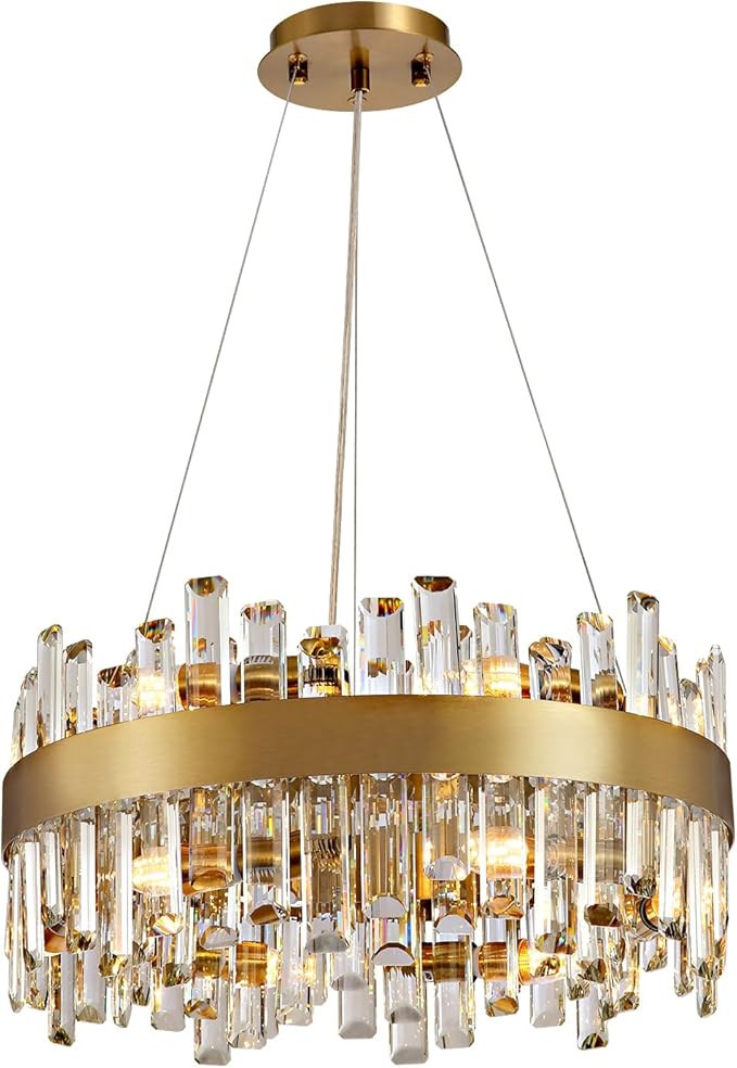12-Light Modern Crystal Chandelier, 19.7'' Gold Chandelier Light Fixture, Brushed Gold 2-Tiers Raindrop K9 Crystal Ceiling Light Adjustable Round Chandeliers for Dining Room Bedroom Bathroom Entryway