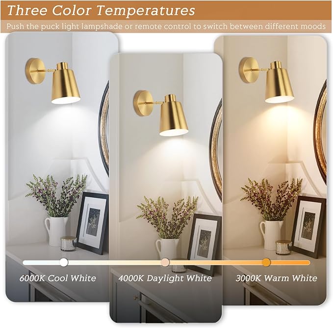 Gold Wireless Battery Operated Wall Sconces, Industrial Cordless Battery Powered Led Wall Lights Set of 2, Vintage Wall Lamp Fixture Indoor with Remote Control for Bedroom, Bathroom, Hallway