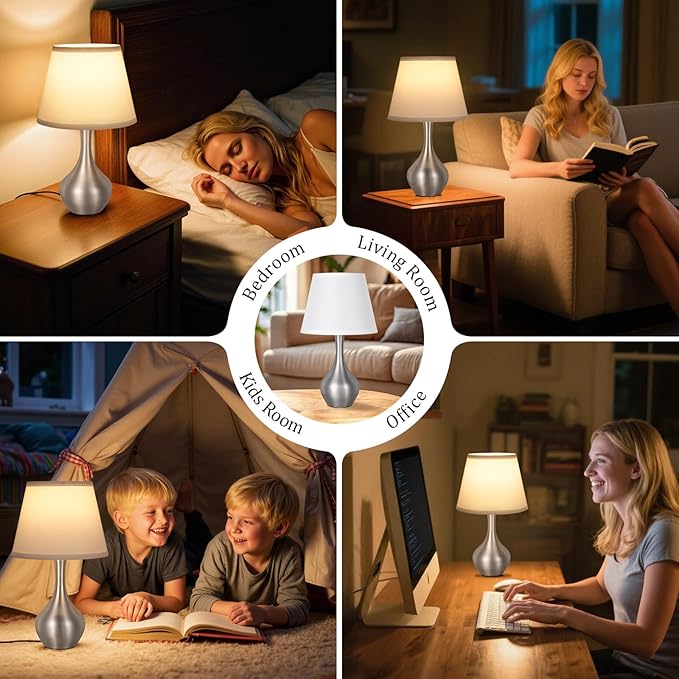 Seealle Touch Table Lamps for Bedroom Set of 2,3-Way Dimmable Small Bedside Lamps for Night Stands with Wires, Silver Desk Lamps for Kids Room,Office,Living Room, End Table(LED Bulbs Included)