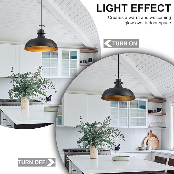 Black Farmhouse Pendant Lights 16 Inch Matte Pendant Lighting for Kitchen Island Industrial Adjustable Height Vintage Dome Hanging Light Fixtures for Barn, Dining Room 2 Packs