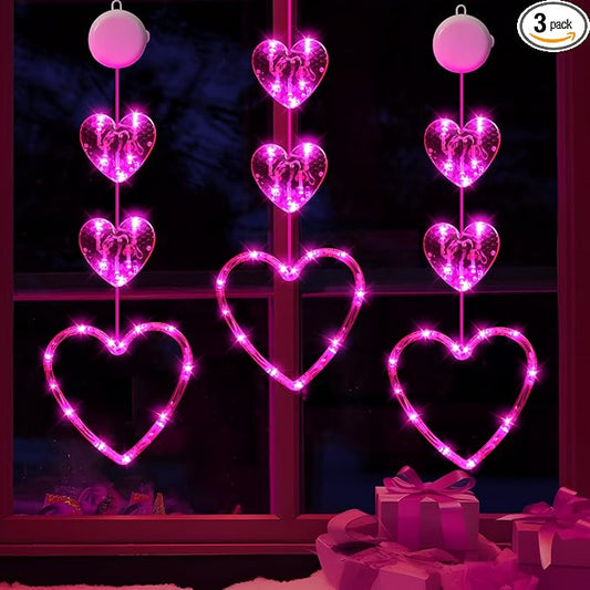 3 Pack Valentines Day Window Lights Decorations with Timer, Battery Powered Hanging Pink Lighted Heart Shaped Silhouette Sucker LED Lamp for Fireplace Indoor Home Decor
