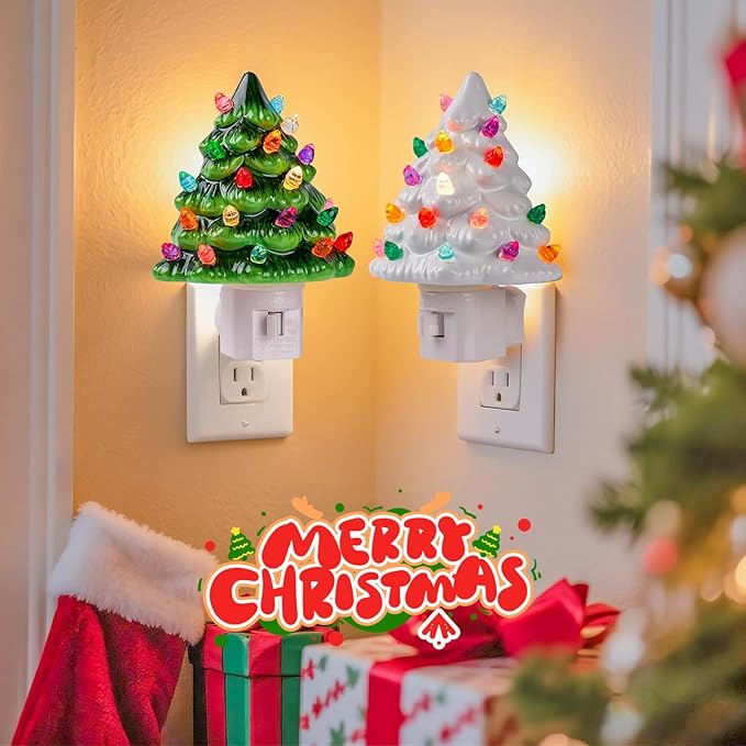 Brightown Ceramic Christmas Tree Night Light - 2 Pack Vintage Christmas Night Light with ON/Off Switch, 5.2" Decorative Ceramic Tree Light for Bedroom Bathroom Living Room Porch Xmas Holiday Decor