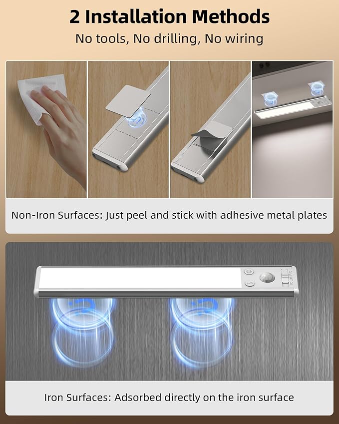 EZVALO 8" Under Cabinet Lighting, 2400mAh USB-C Rechargeable Motion Sensor Light, 3 Color Temps, 5-Level Dimmable Magnetic Wireless Closet Lights for Kitchen, Pantry, Stairs (2 Pack)