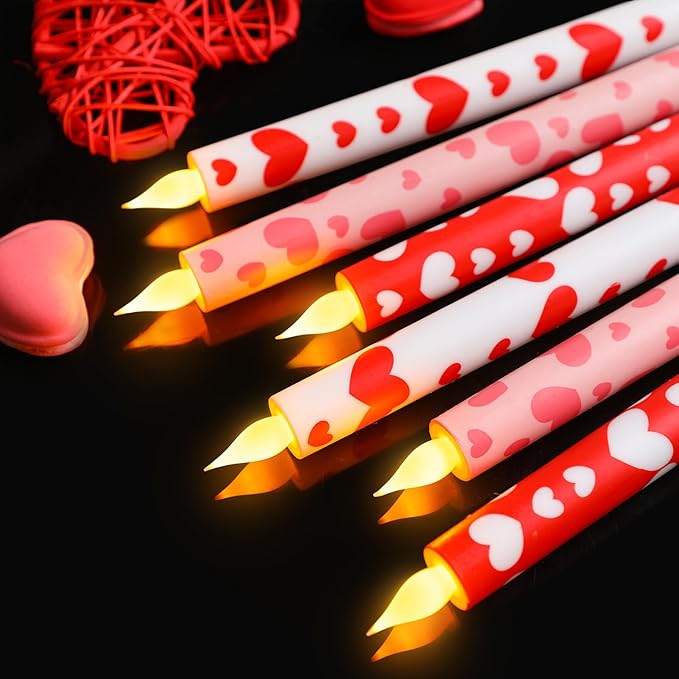 Honoson 6 Pcs Valentine Day Flameless Taper Candles 10.6 Inch Heart Shaped Candles Battery Operated LED Candlesticks for Valentine Wedding Anniversary Dinner Table Home Party Decor