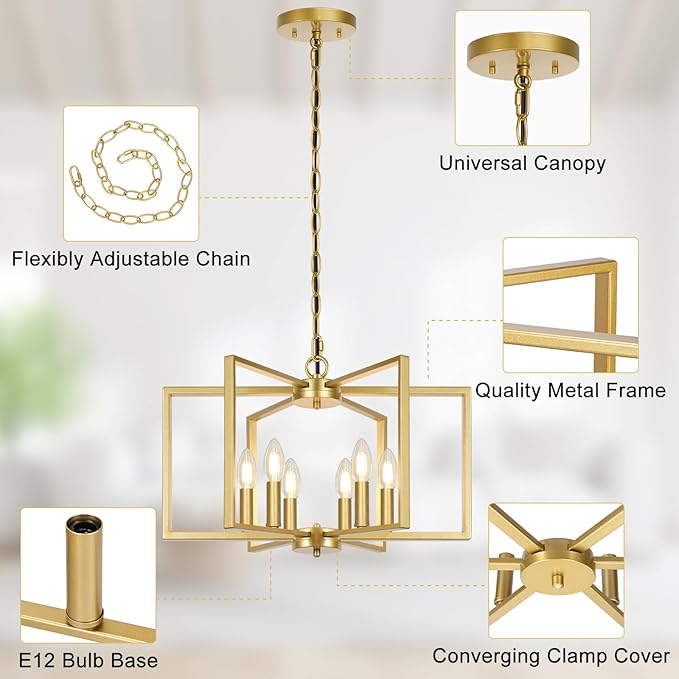 6 Light Gold Chandelier, Dining Room Light Fixture, Modern Farmhouse Industrial Metal Geometric Ceiling Light Rustic Hanging Pendant Lights with E12 base for Kitchen Island Entryway Foyer, Indoor