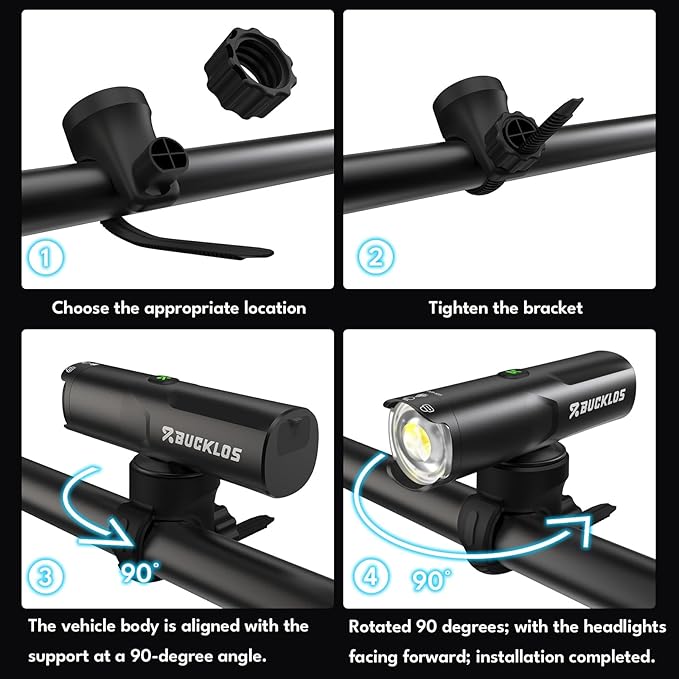 BUCKLOS 1500 1200 800 600 400 Lumens Super Bright Bike Lights for Night Riding, Bicycle Headight with Rotatable Lens LED USB Rechargeable 5/6 Modes, IP66 Waterproof Front Light, Long Battery Powered
