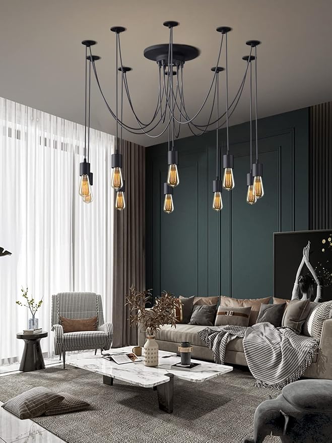 Fuloon Vintage Edison Multiple Ajustable DIY Ceiling Spider Lamp Light Pendant Lighting Chandelier Modern Chic Industrial Dining with Romote Control (10 Head Cable 200cm/78.7inch) (10 Head)