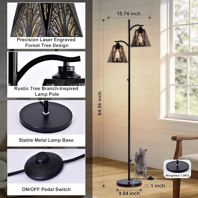 64.56" Tall Rustic Floor Lamp,2-Light Tree Gothic Black Metal Forest Tree Lampshade Farmhouse Floor Lamps for Living Room,Western Standing Floor Light for Bedroom,Home,Office,Corner,Bar