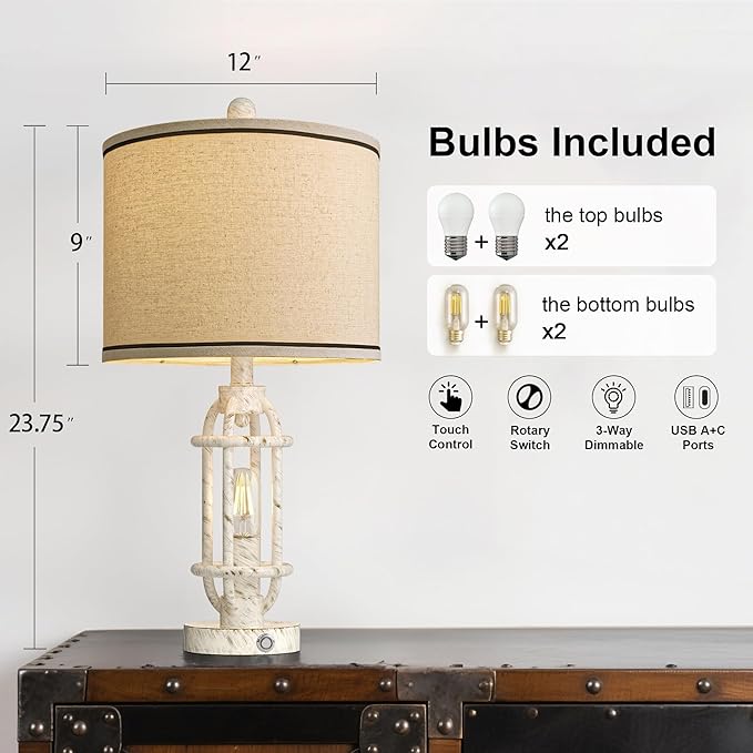 23.75'' Table Lamps Set of 2 for Living Room Bedroom Industrial Farmhouse Metal Touch Lamps with USB A+C Ports, Night Light Vintage Nightstand Bedside Lamp, Bulbs Included, White