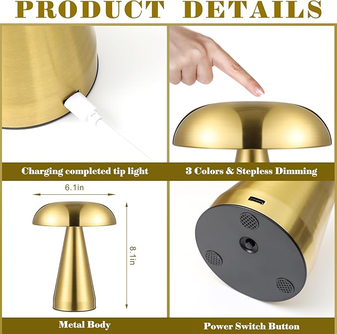 VIHOSE Set of 2 LED Mushroom Lamps Portable Metal Table Lamp with Touch Sensor 3 Color Stepless Dimming Desk Lamp Rechargeable Battery up to 15 Hours Cordless Lamp for Bedroom Nightstand Room Decor