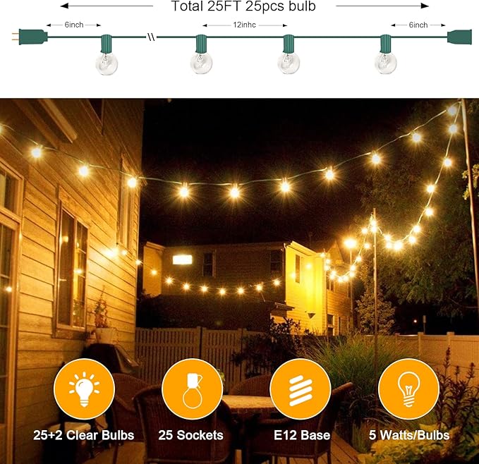 25Ft Christmas Outdoor String Light, G40 Globe Patio Lights with 27 Clear Glass Bulbs(2 Spare), Waterproof Connectable Hanging Christmas Lights for Backyard Porch Balcony Party Xmas Decor, Green Wire
