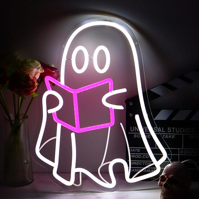 Ghost Reading Book lamp, Reading Ghost Neon Sign Led Reading Room Neon Sign Hanging Reading Book Neon Light For Bedroom Home Library Read Club Kids Room Store Book Lover Gifts(USB Sign)