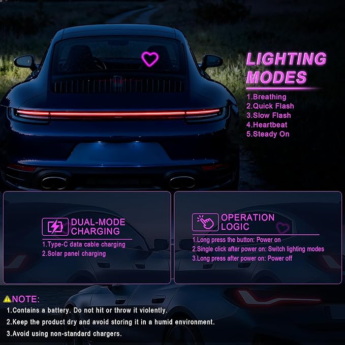 Car LED Interior Lights, Heart-Shaped Ambient Light for Windows, 5 Lighting Modes, Charging Through Type-c and Solar Energy, Car Decorations for Women Men, Pack of 1, (Pink)