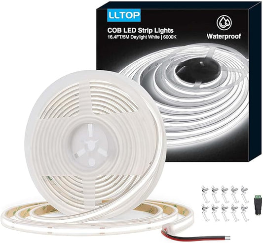 COB LED Strip Lights Waterproof IP67 DC24v Daylight White 6000K 16.4ft/5m High CRI 92Ra+ Outdoor LED Tape Lighting DIY Cuttable for Bedroom Kitchen Cabinet Shelf (Power Supply Not Included)