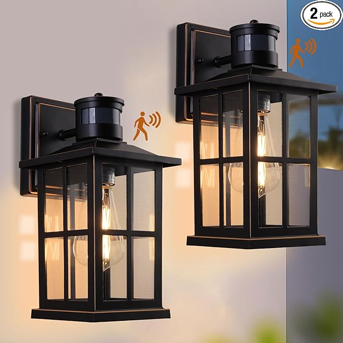 2 Pack Outdoor Motion Sensor Porch Light, Black Exterior Wall Lantern Lighting Fixtures,Dusk to Dawn Outdoor Wall Lights, Waterproof Front Porch Light Outside for Garage, Patio,House.