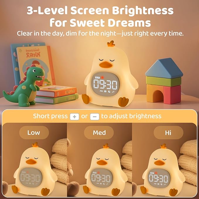 Sleepy Duck Alarm Clock with Night Light for Kids with Sleep Training and Sound Machine, Rechargeable Silicone Lamp OK to Wake Clock，Cute Animal Tabletop Lamp, Perfect Sleep Companion for Boys Girls