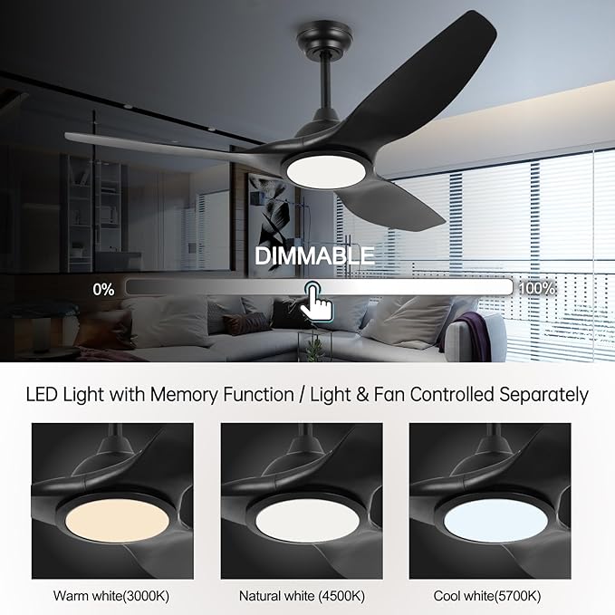 52 Inch 6 Speed High CFM Quiet DC Motor Modern Ceiling Fan with Lights Remote Control, Indoor 3 Blade Black Ceiling Fan for Bedroom Living Room