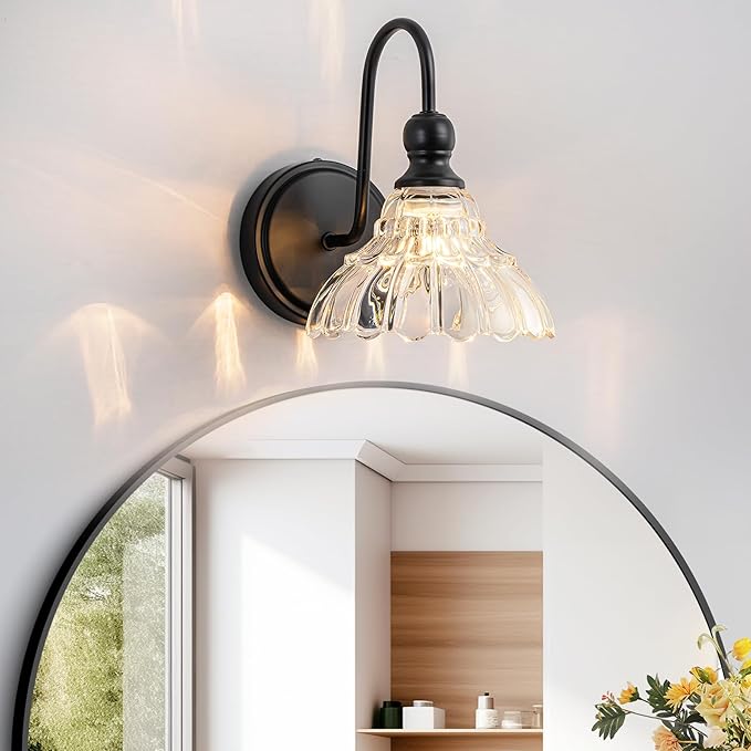 Vintage Bathroom Light Fixtures Over Mirror, 1-Light Black Wall Sconce Lighting with Flower Glass Shade, Farmhouse Vanity Lights for Bedroom Kitchen Living Room Hallway Light