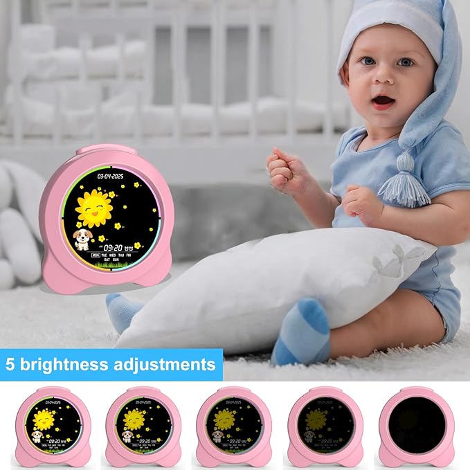 Kids Alarm Clock Sun & Moon LED Display with Day & Date OK to Wake Clock with Night Light for Kids Children's Sleep Trainer Gift for Boy and Girls (Pink)