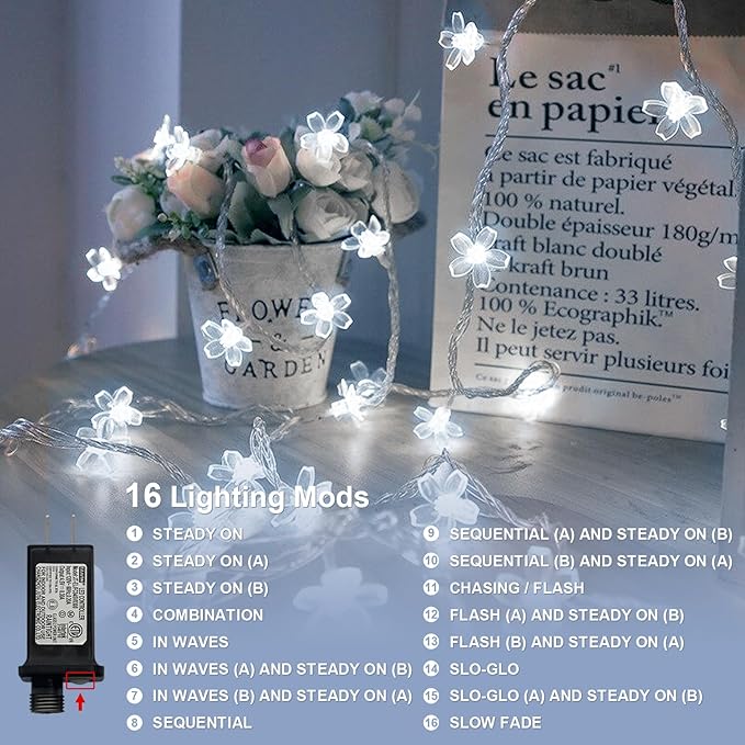 LAMPHOME White Flower String Lights, 33ft 100 LED Cherry Blossom Plug in Easter Christmas Tree Hanging Fairy Lamp, 16funstions Garden Bedroom Indoor Decorations for Fence, Wedding Birthday Party