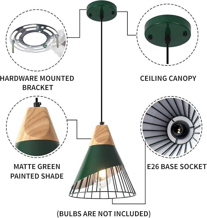 Farmhouse Pendant Light 9.4ines, 2 Packs- Green Industrial Kitchen Pendant Lights for Kitchen Island, Bar, Bedroom, Office, Library