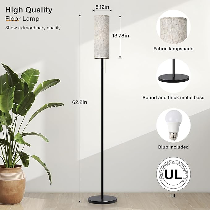 Cordless Floor Lamp for Living Room, with 3 Color Temperature and Pull Cord Switch, 8000mAh Battery Operated Portable Rechargeable Modern Standing