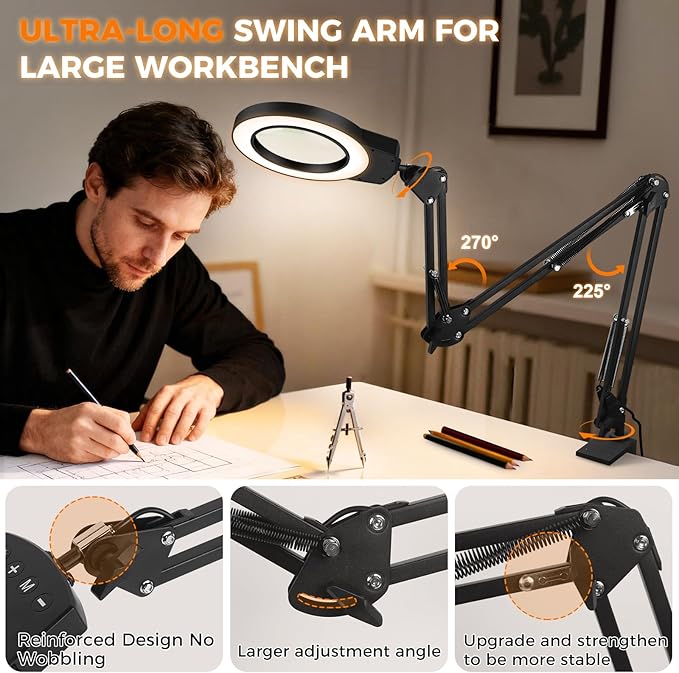 NOEVSBIG Magnifying Glass with Light 10X Desktop Lamp Close Work Up for Desk Crafting, Reading, Sewing, Panting, Soldering, Ultra 3-Section Swing Arm Design for Large Workbench, Hands Free Magnifier