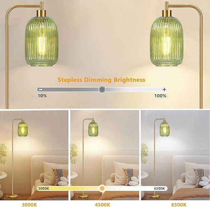 Floor Lamp for Living Room,Bedroom,Gold Dimmable Standing Lamp with Remote,Mid Century Modern Brass Tall Lamp Retro Vintage Green Glass Lamp Floor Light Boho Bohemian