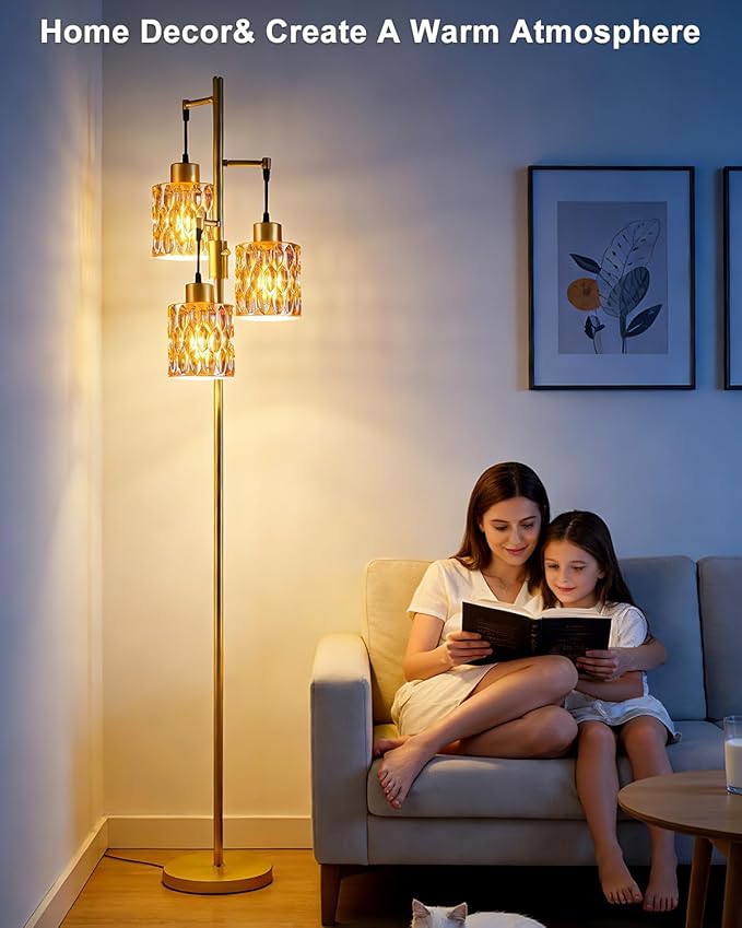 Lightdot 67" 3-Light Glass Floor Lamps for Living Room, Dimmable Floor Lamp with Brown Glass Shade& E12 Bulbs Included, Mid Century Standing Tall Lamp for Bedroom/Sofa Beside/Corner Decor-Gold